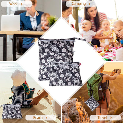 2 Pcs Wet Dry Bag for Cloth Diaper, Swimsuit, Clothes, Water-Resistant Reusable Wet Bag for Travel, Exercise, Beach, Pool, Daycare, Spiral Flowers
