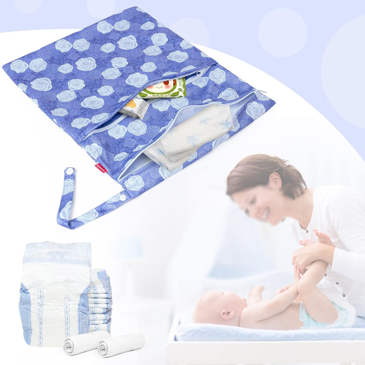 2 Pcs Wet Dry Bag for Cloth Diaper, Swimsuit, Clothes, Water-Resistant Reusable Wet Bag for Travel, Exercise, Beach, Pool, Daycare, Spiral Flowers