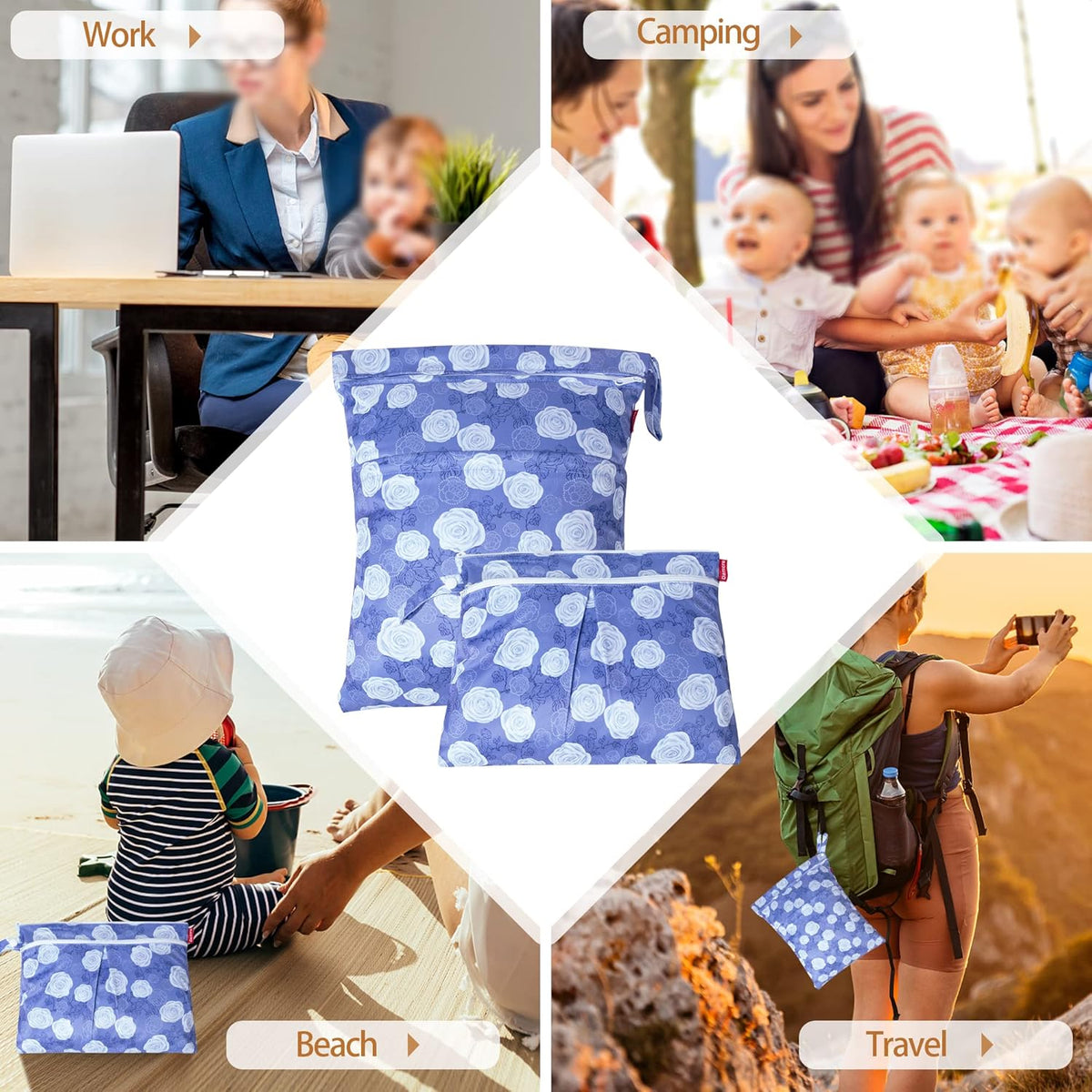 2 Pcs Wet Dry Bag for Cloth Diaper, Swimsuit, Clothes, Water-Resistant Reusable Wet Bag for Travel, Exercise, Beach, Pool, Daycare, Spiral Flowers