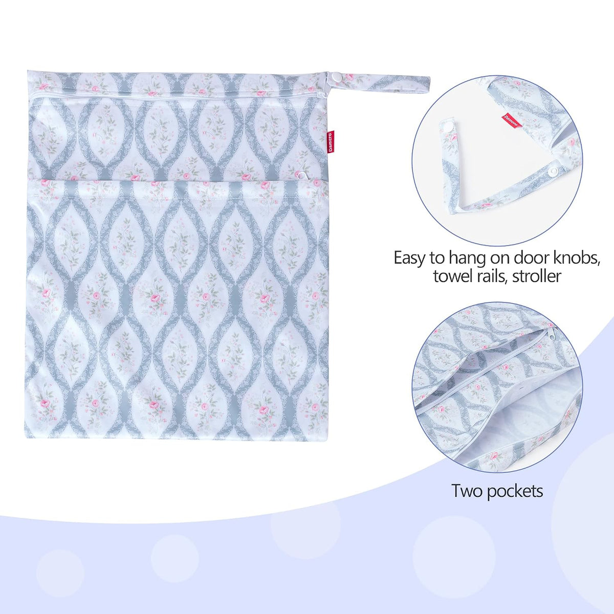 2 Pcs Wet Dry Bag for Cloth Diaper, Swimsuit, Clothes, Water-Resistant Reusable Wet Bag for Travel, Exercise, Beach, Pool, Daycare, Spiral Flowers