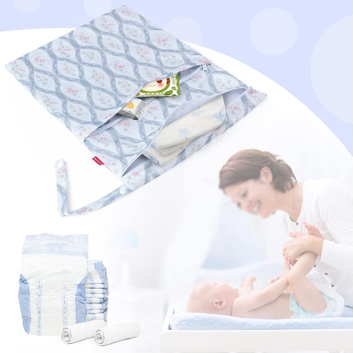 2 Pcs Wet Dry Bag for Cloth Diaper, Swimsuit, Clothes, Water-Resistant Reusable Wet Bag for Travel, Exercise, Beach, Pool, Daycare, Spiral Flowers
