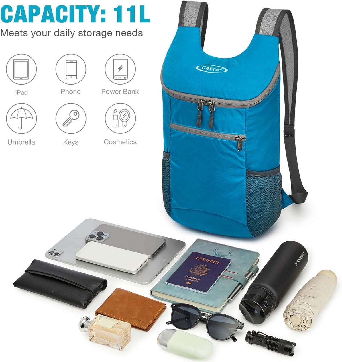 10L Lightweight Packable Hiking Backpack, Nylon Daypack Daily Travel | Water-Resistant Nylon, Weighing Only 4.59oz, Comfortable, Hiking, Travel, Cycling, Small Foldable Unisex Daypack (Blue)