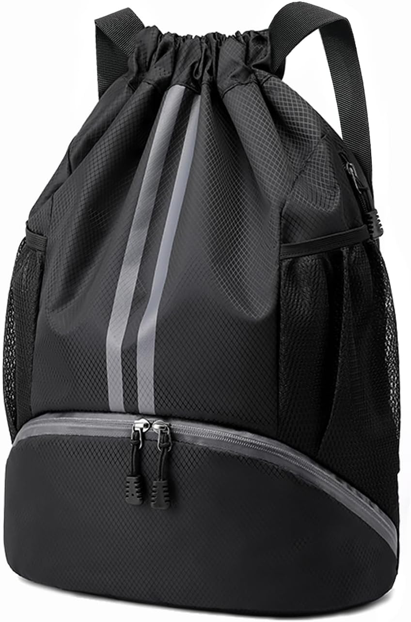 Sports Drawstring Backpack - String Swim Gym Bag with Shoes Compartment and Wet Proof Pocket for Women and Men