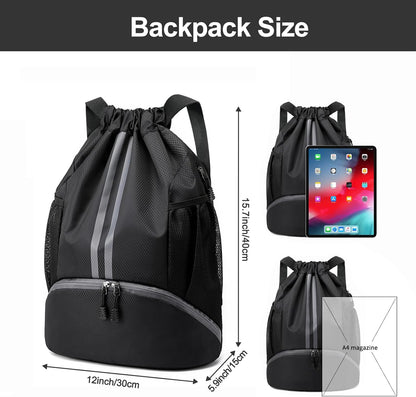 Sports Drawstring Backpack - String Swim Gym Bag with Shoes Compartment and Wet Proof Pocket for Women and Men