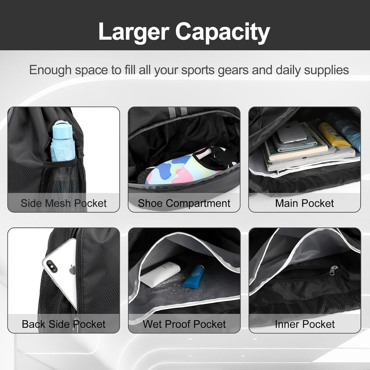 Sports Drawstring Backpack - String Swim Gym Bag with Shoes Compartment and Wet Proof Pocket for Women and Men