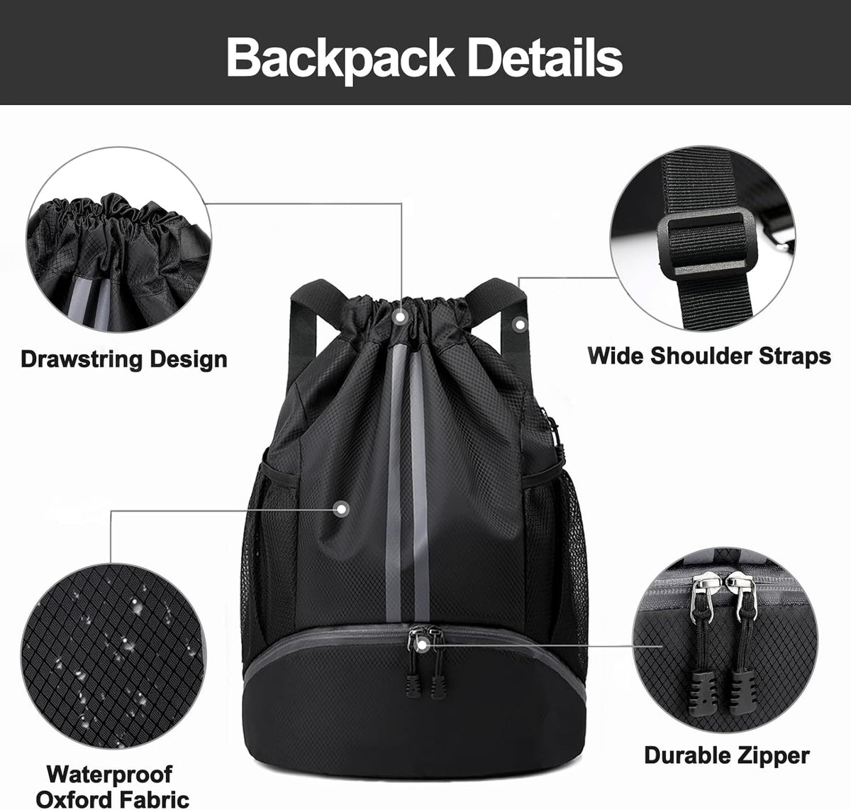 Sports Drawstring Backpack - String Swim Gym Bag with Shoes Compartment and Wet Proof Pocket for Women and Men