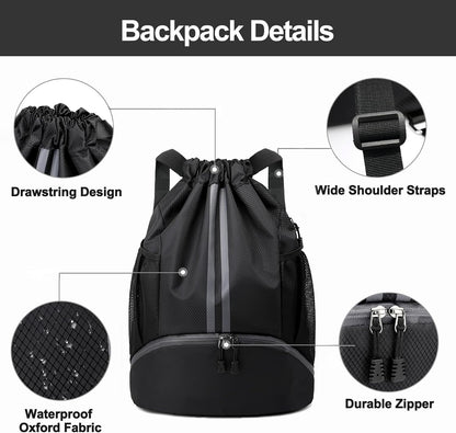 Sports Drawstring Backpack - String Swim Gym Bag with Shoes Compartment and Wet Proof Pocket for Women and Men