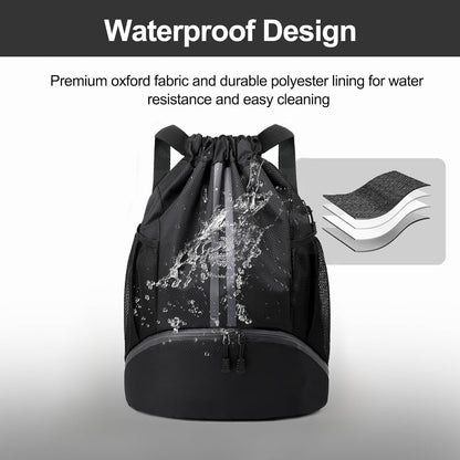 Sports Drawstring Backpack - String Swim Gym Bag with Shoes Compartment and Wet Proof Pocket for Women and Men