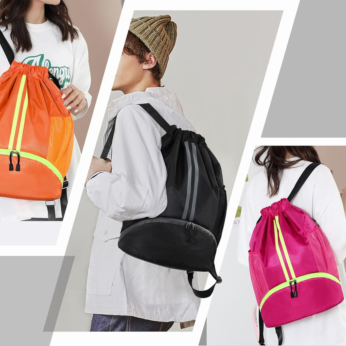 Sports Drawstring Backpack - String Swim Gym Bag with Shoes Compartment and Wet Proof Pocket for Women and Men