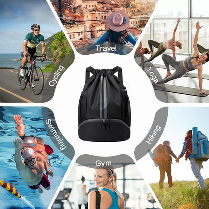 Sports Drawstring Backpack - String Swim Gym Bag with Shoes Compartment and Wet Proof Pocket for Women and Men
