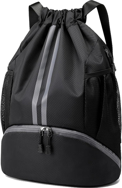 Sports Drawstring Backpack - String Swim Gym Bag with Shoes Compartment and Wet Proof Pocket for Women and Men