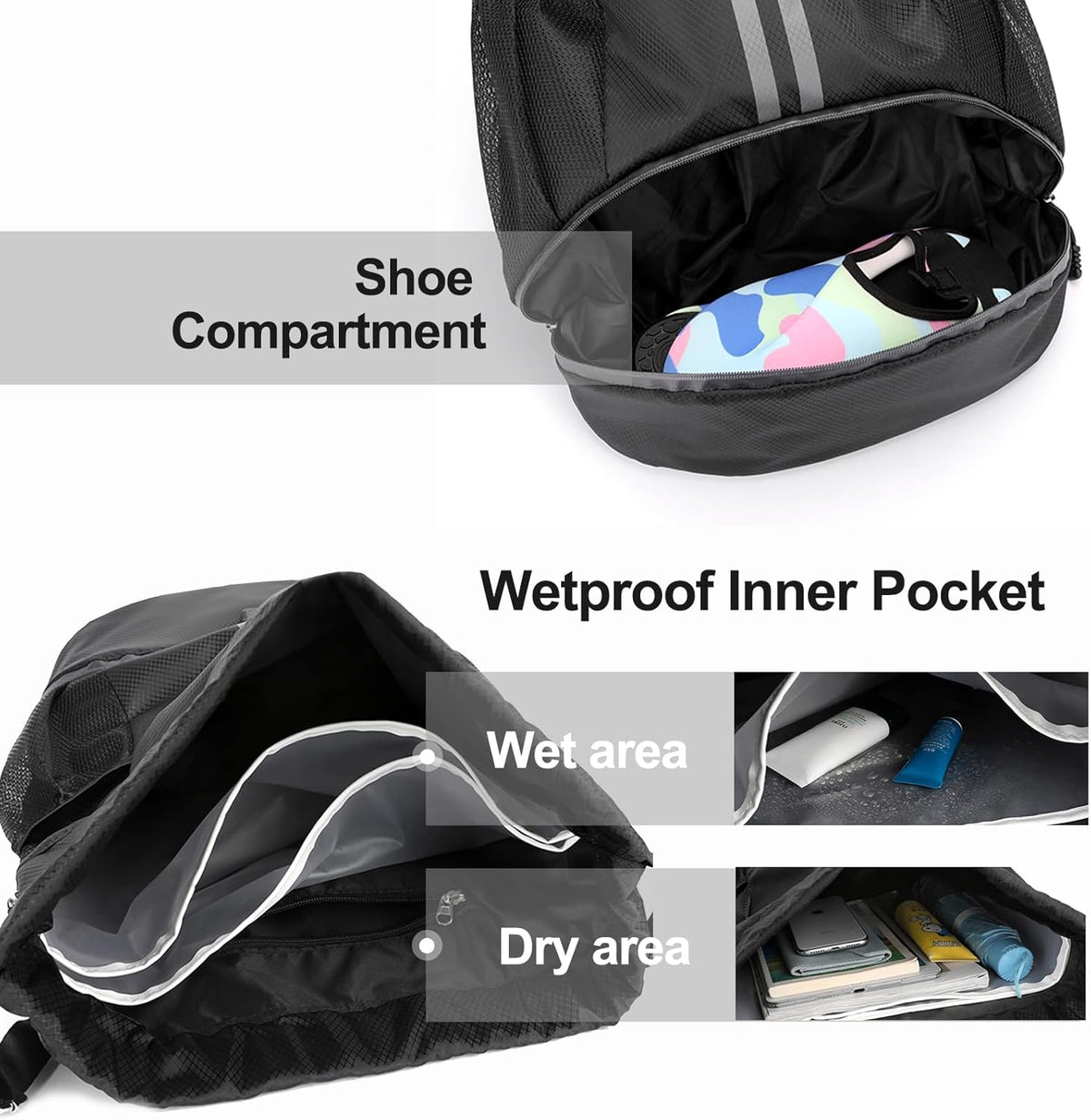 Sports Drawstring Backpack - String Swim Gym Bag with Shoes Compartment and Wet Proof Pocket for Women and Men