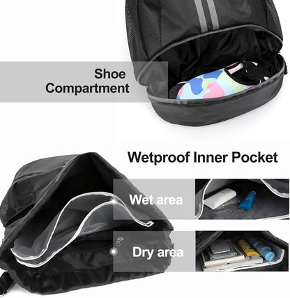 Sports Drawstring Backpack - String Swim Gym Bag with Shoes Compartment and Wet Proof Pocket for Women and Men