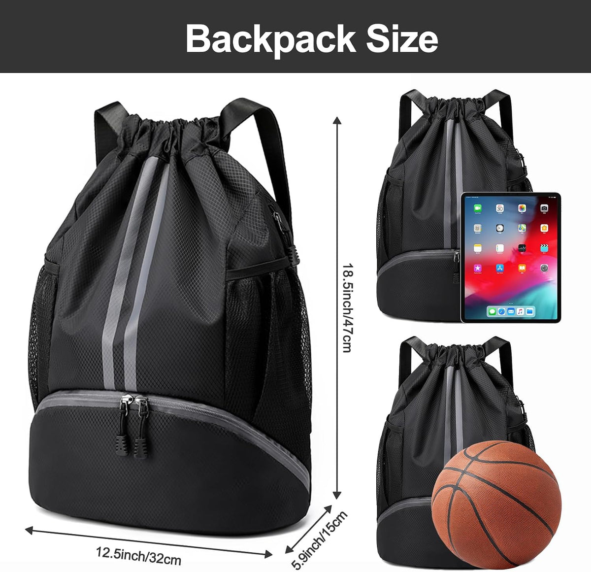 Sports Drawstring Backpack - String Swim Gym Bag with Shoes Compartment and Wet Proof Pocket for Women and Men