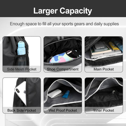 Sports Drawstring Backpack - String Swim Gym Bag with Shoes Compartment and Wet Proof Pocket for Women and Men