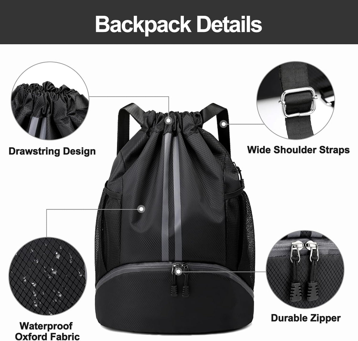 Sports Drawstring Backpack - String Swim Gym Bag with Shoes Compartment and Wet Proof Pocket for Women and Men