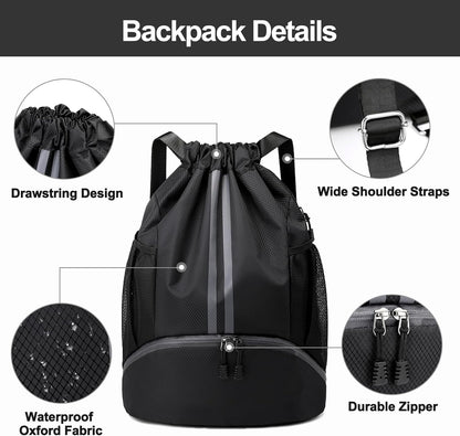 Sports Drawstring Backpack - String Swim Gym Bag with Shoes Compartment and Wet Proof Pocket for Women and Men