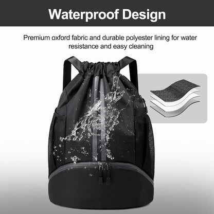 Sports Drawstring Backpack - String Swim Gym Bag with Shoes Compartment and Wet Proof Pocket for Women and Men