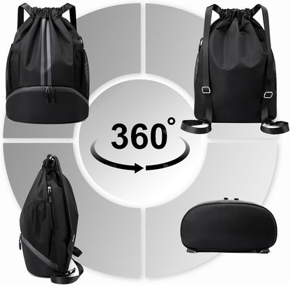 Sports Drawstring Backpack - String Swim Gym Bag with Shoes Compartment and Wet Proof Pocket for Women and Men