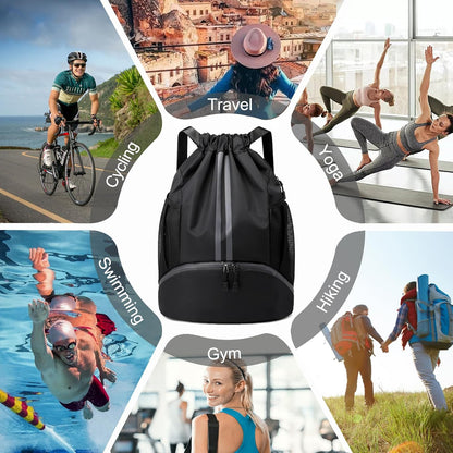 Sports Drawstring Backpack - String Swim Gym Bag with Shoes Compartment and Wet Proof Pocket for Women and Men