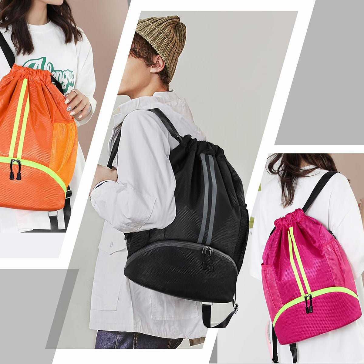 Sports Drawstring Backpack - String Swim Gym Bag with Shoes Compartment and Wet Proof Pocket for Women and Men