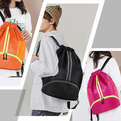 Sports Drawstring Backpack - String Swim Gym Bag with Shoes Compartment and Wet Proof Pocket for Women and Men