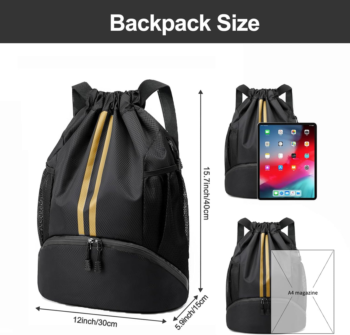 Sports Drawstring Backpack - String Swim Gym Bag with Shoes Compartment and Wet Proof Pocket for Women and Men