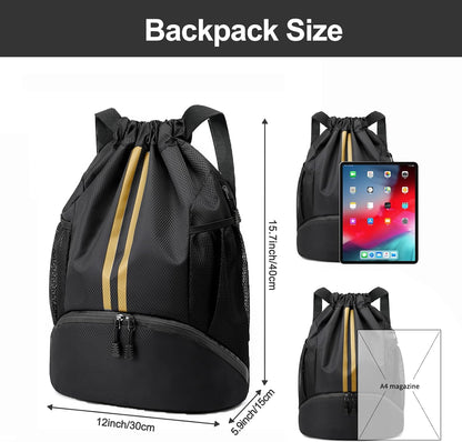 Sports Drawstring Backpack - String Swim Gym Bag with Shoes Compartment and Wet Proof Pocket for Women and Men