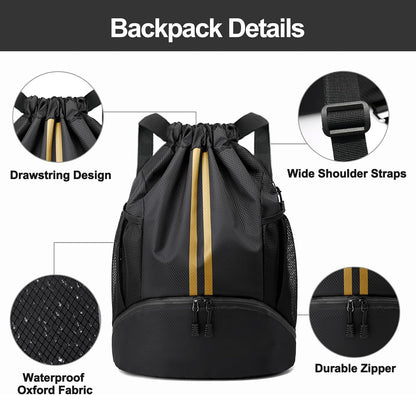 Sports Drawstring Backpack - String Swim Gym Bag with Shoes Compartment and Wet Proof Pocket for Women and Men