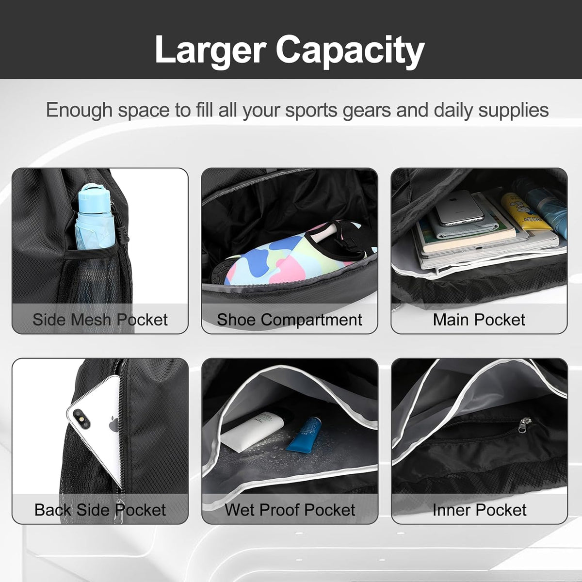 Sports Drawstring Backpack - String Swim Gym Bag with Shoes Compartment and Wet Proof Pocket for Women and Men