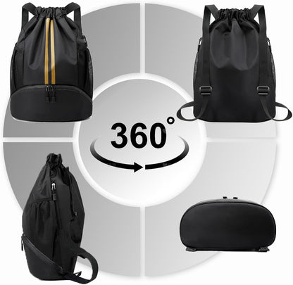 Sports Drawstring Backpack - String Swim Gym Bag with Shoes Compartment and Wet Proof Pocket for Women and Men