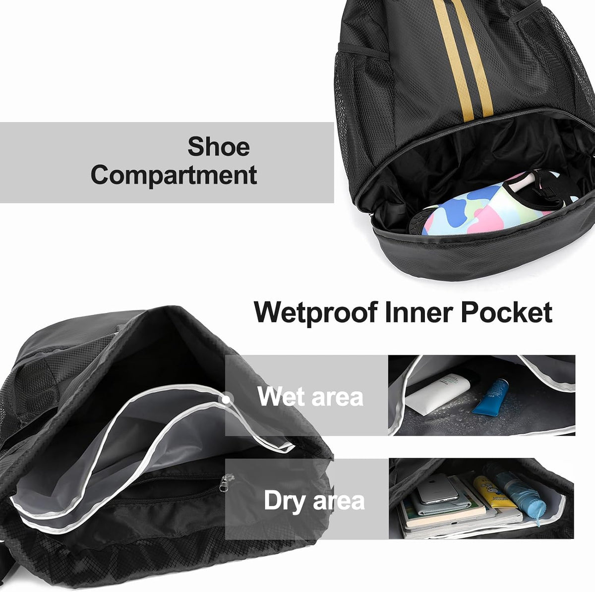 Sports Drawstring Backpack - String Swim Gym Bag with Shoes Compartment and Wet Proof Pocket for Women and Men