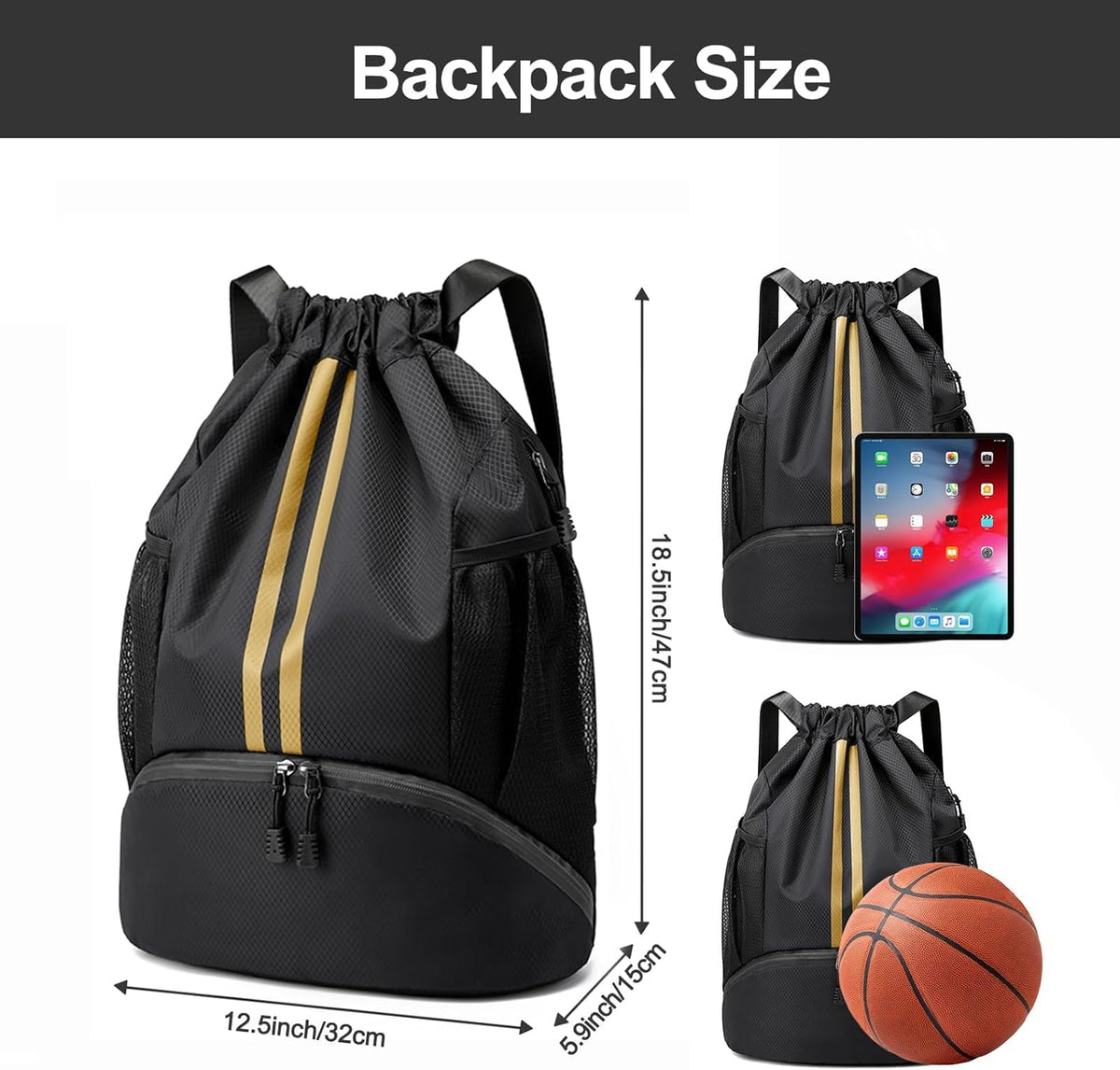 Sports Drawstring Backpack - String Swim Gym Bag with Shoes Compartment and Wet Proof Pocket for Women and Men