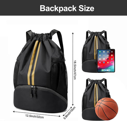 Sports Drawstring Backpack - String Swim Gym Bag with Shoes Compartment and Wet Proof Pocket for Women and Men