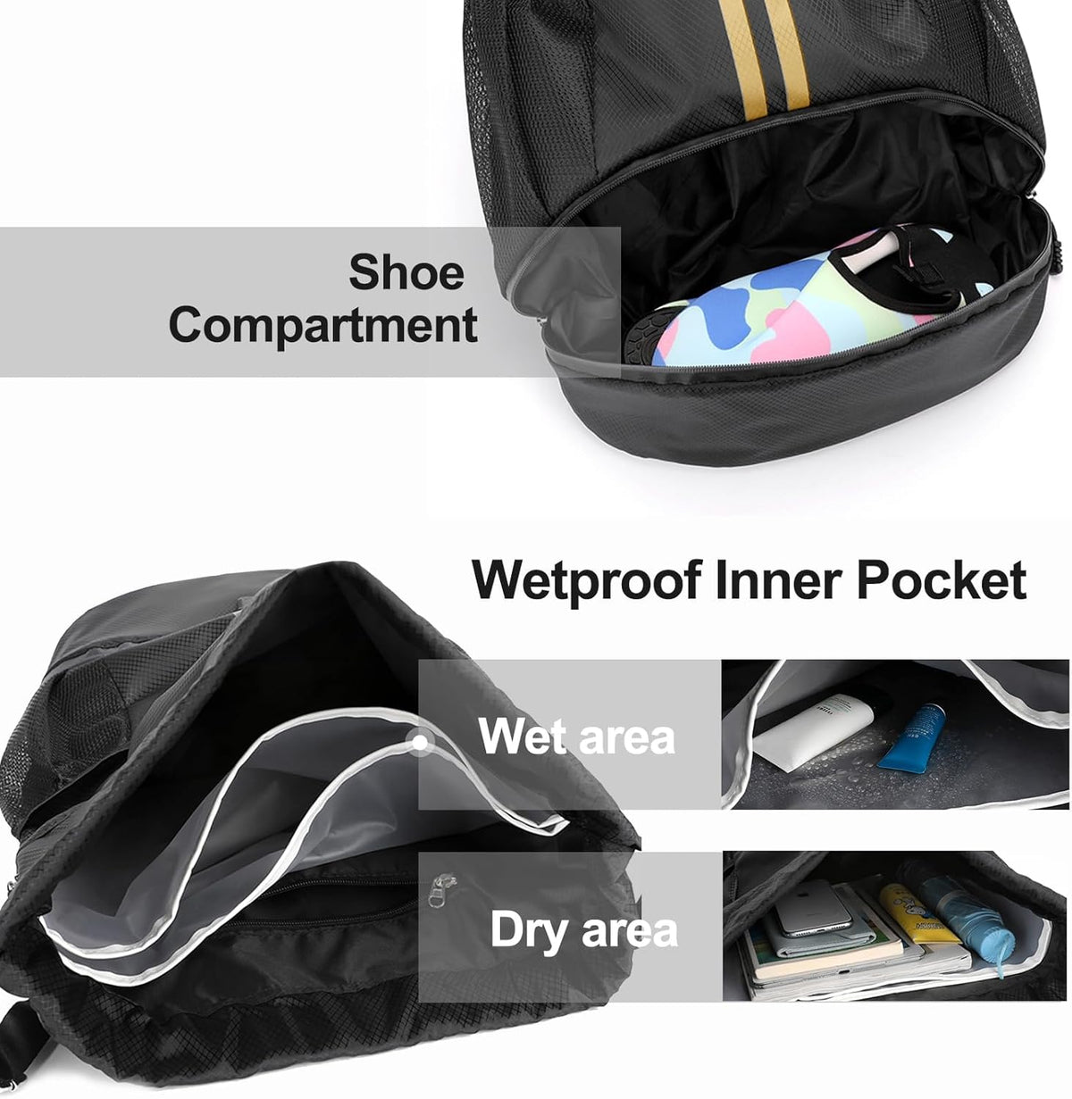 Sports Drawstring Backpack - String Swim Gym Bag with Shoes Compartment and Wet Proof Pocket for Women and Men