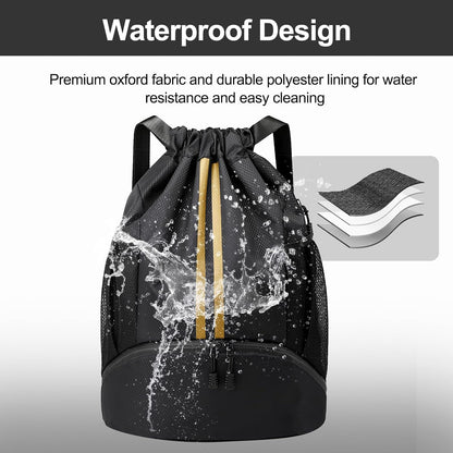 Sports Drawstring Backpack - String Swim Gym Bag with Shoes Compartment and Wet Proof Pocket for Women and Men