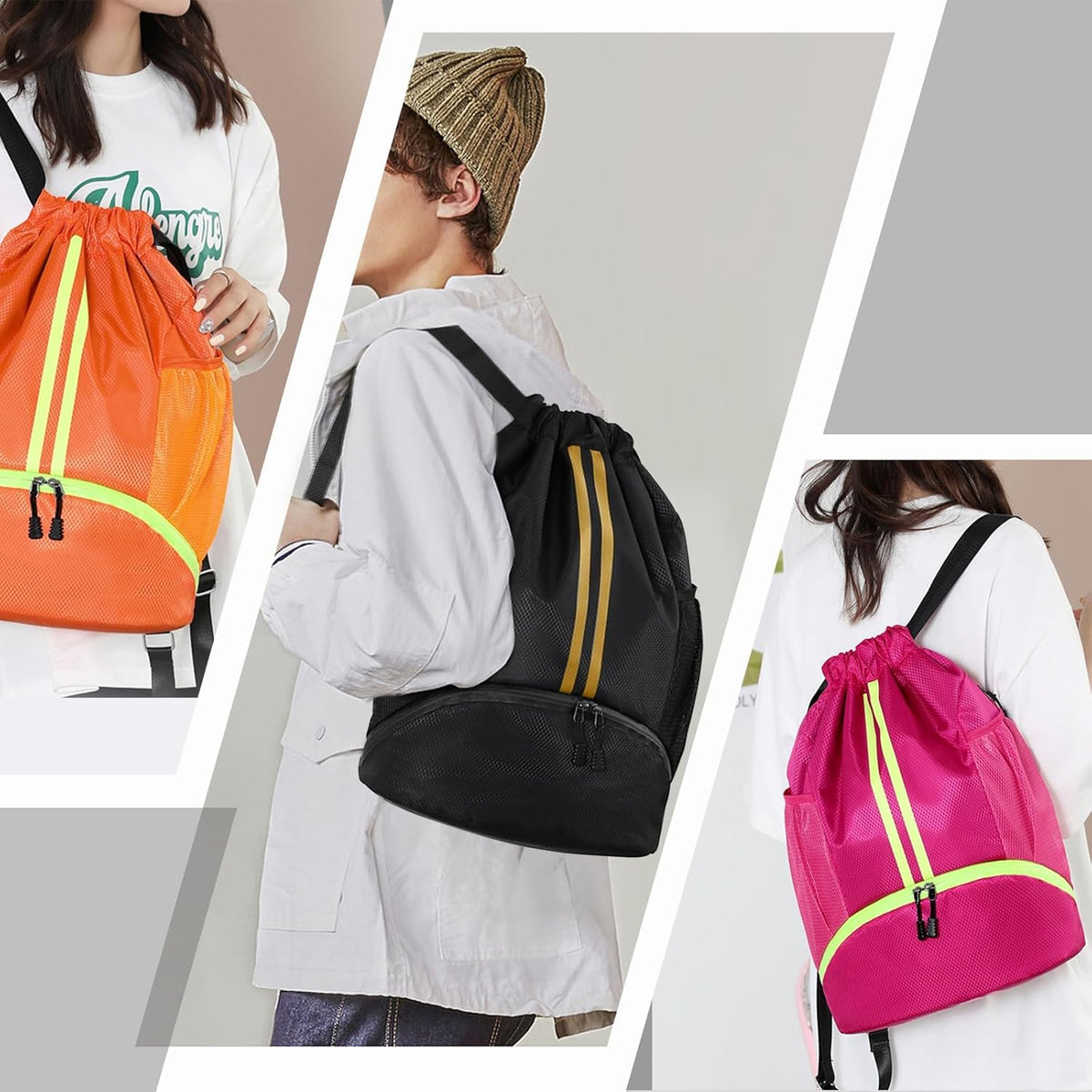 Sports Drawstring Backpack - String Swim Gym Bag with Shoes Compartment and Wet Proof Pocket for Women and Men
