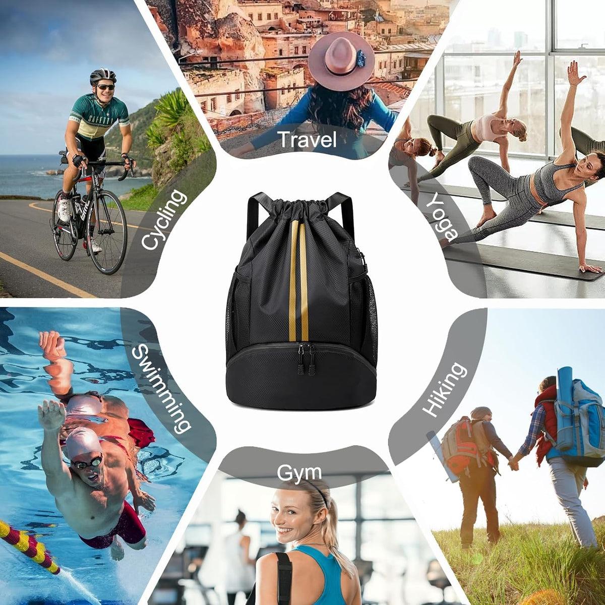 Sports Drawstring Backpack - String Swim Gym Bag with Shoes Compartment and Wet Proof Pocket for Women and Men