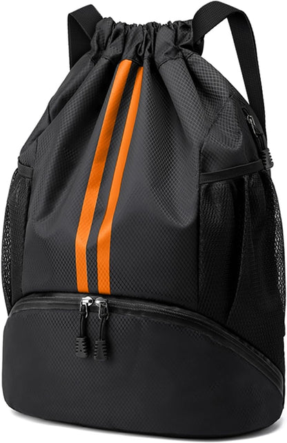 Sports Drawstring Backpack - String Swim Gym Bag with Shoes Compartment and Wet Proof Pocket for Women and Men