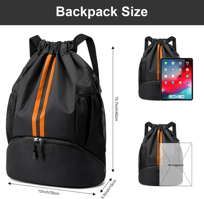 Sports Drawstring Backpack - String Swim Gym Bag with Shoes Compartment and Wet Proof Pocket for Women and Men