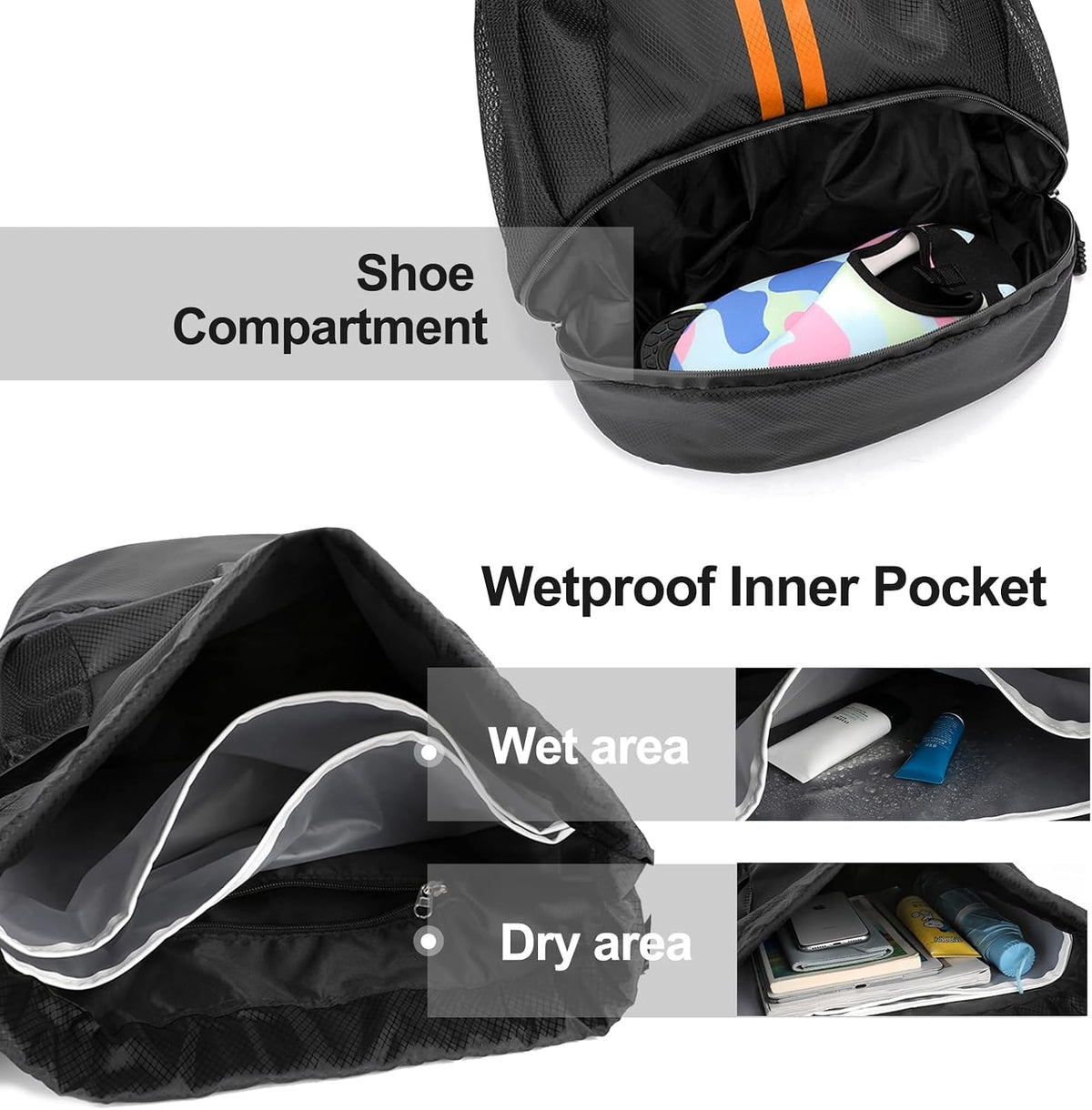 Sports Drawstring Backpack - String Swim Gym Bag with Shoes Compartment and Wet Proof Pocket for Women and Men