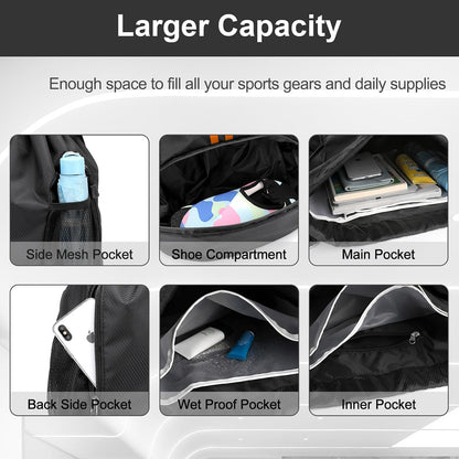 Sports Drawstring Backpack - String Swim Gym Bag with Shoes Compartment and Wet Proof Pocket for Women and Men