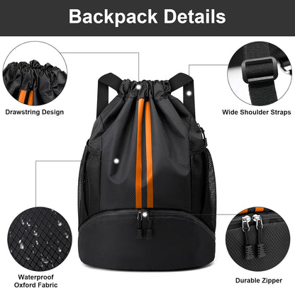 Sports Drawstring Backpack - String Swim Gym Bag with Shoes Compartment and Wet Proof Pocket for Women and Men