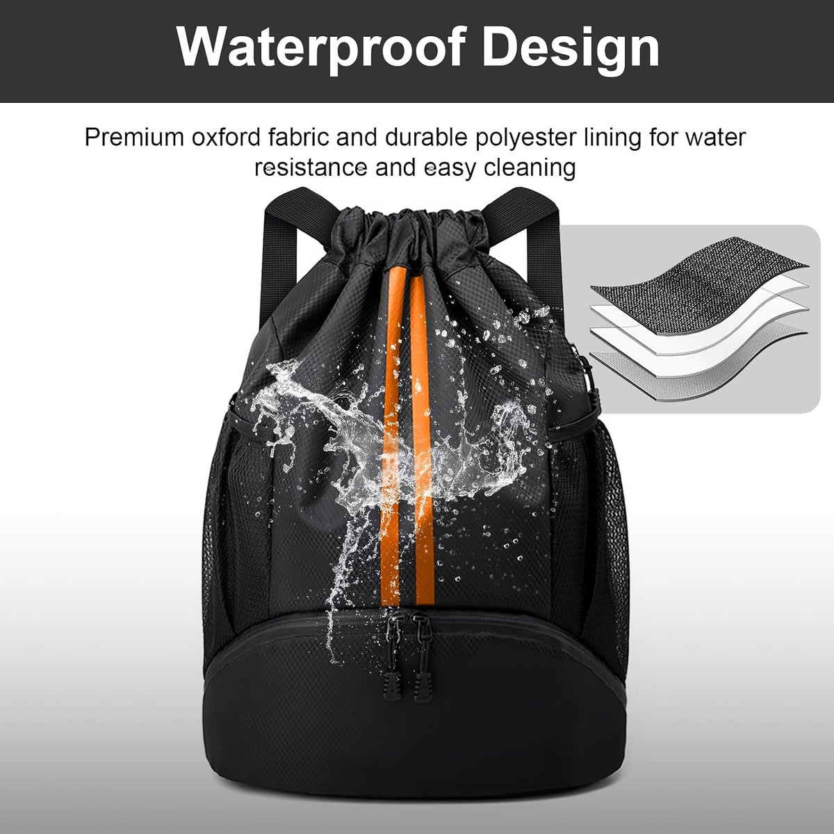 Sports Drawstring Backpack - String Swim Gym Bag with Shoes Compartment and Wet Proof Pocket for Women and Men
