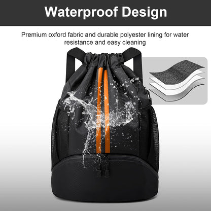 Sports Drawstring Backpack - String Swim Gym Bag with Shoes Compartment and Wet Proof Pocket for Women and Men