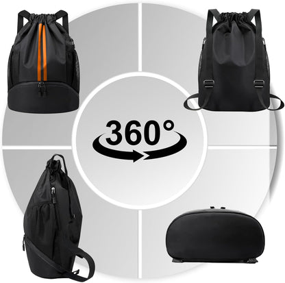 Sports Drawstring Backpack - String Swim Gym Bag with Shoes Compartment and Wet Proof Pocket for Women and Men