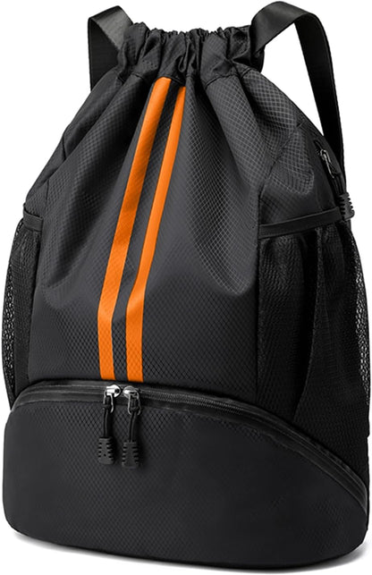 Sports Drawstring Backpack - String Swim Gym Bag with Shoes Compartment and Wet Proof Pocket for Women and Men
