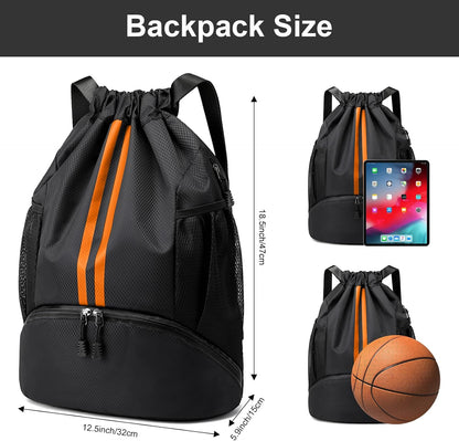 Sports Drawstring Backpack - String Swim Gym Bag with Shoes Compartment and Wet Proof Pocket for Women and Men