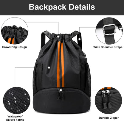 Sports Drawstring Backpack - String Swim Gym Bag with Shoes Compartment and Wet Proof Pocket for Women and Men