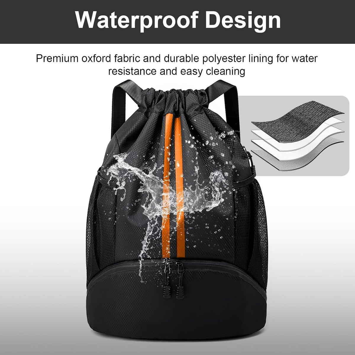 Sports Drawstring Backpack - String Swim Gym Bag with Shoes Compartment and Wet Proof Pocket for Women and Men